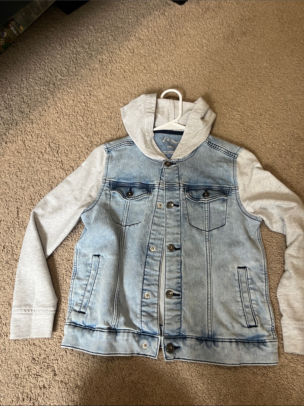 Art Class Light Blue Denim Jacket With Gray Hoodie Sleeves